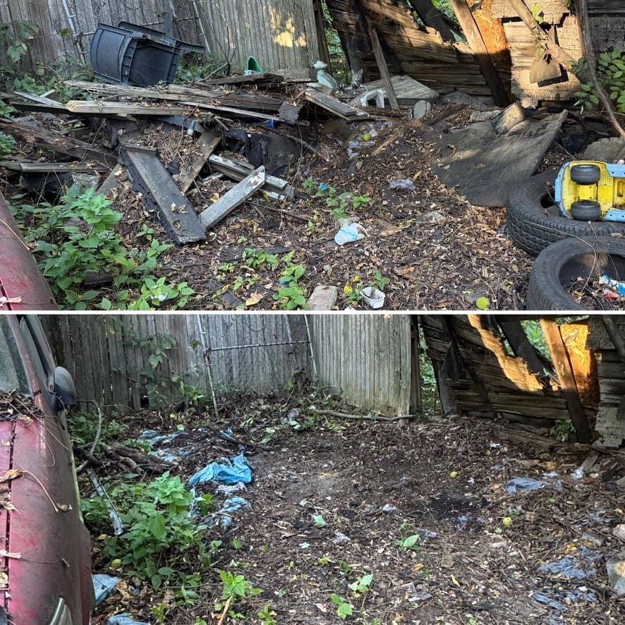 Backyard debris removal before and after — rotted wood and junk cleared