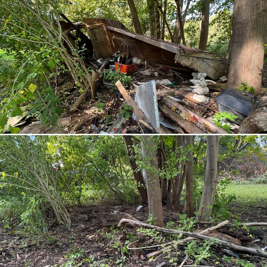Old structure demolished and debris removed from wooded property