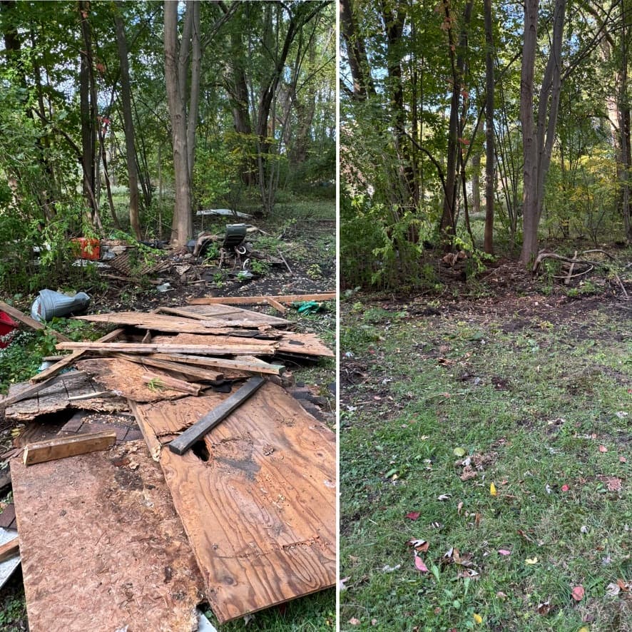 Wood deck planks and structure removed — before and after cleanup