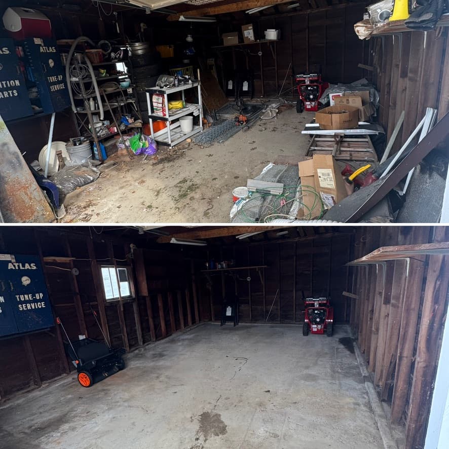 Old shop garage before and after — fully cleared by Evergreen crew