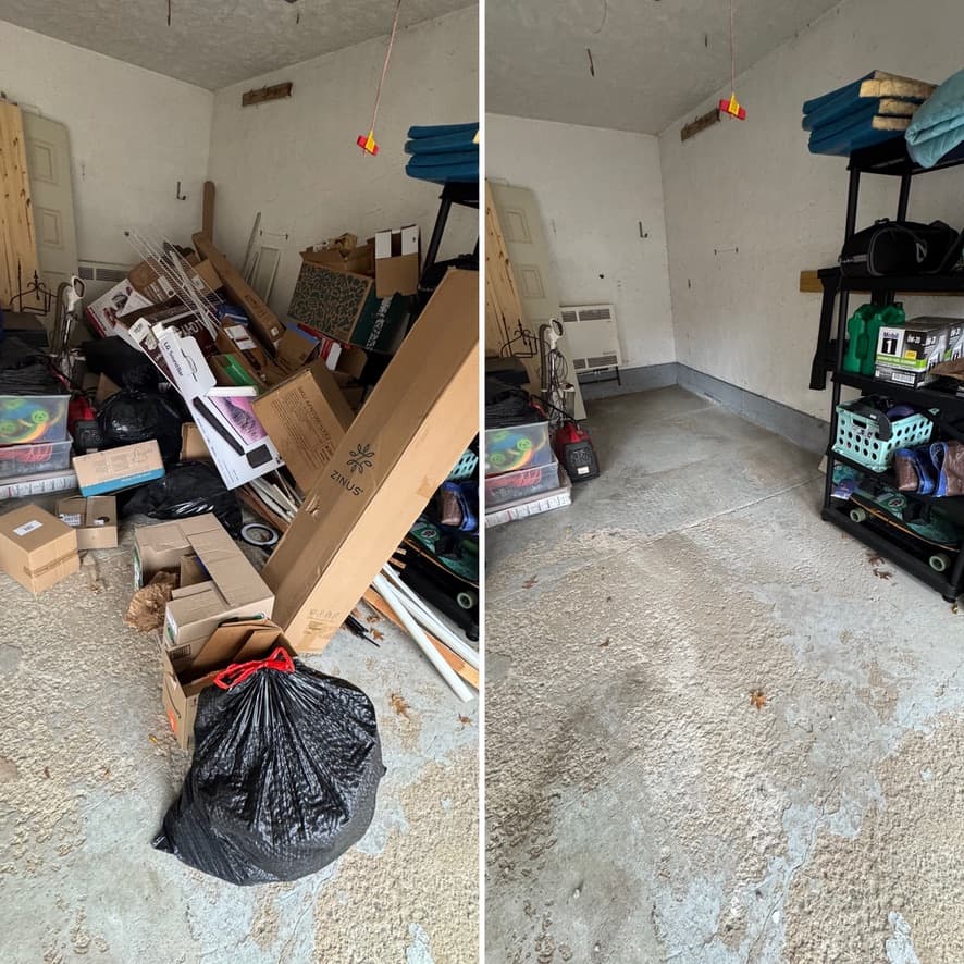 Garage cleanout before and after — packed garage made park-ready