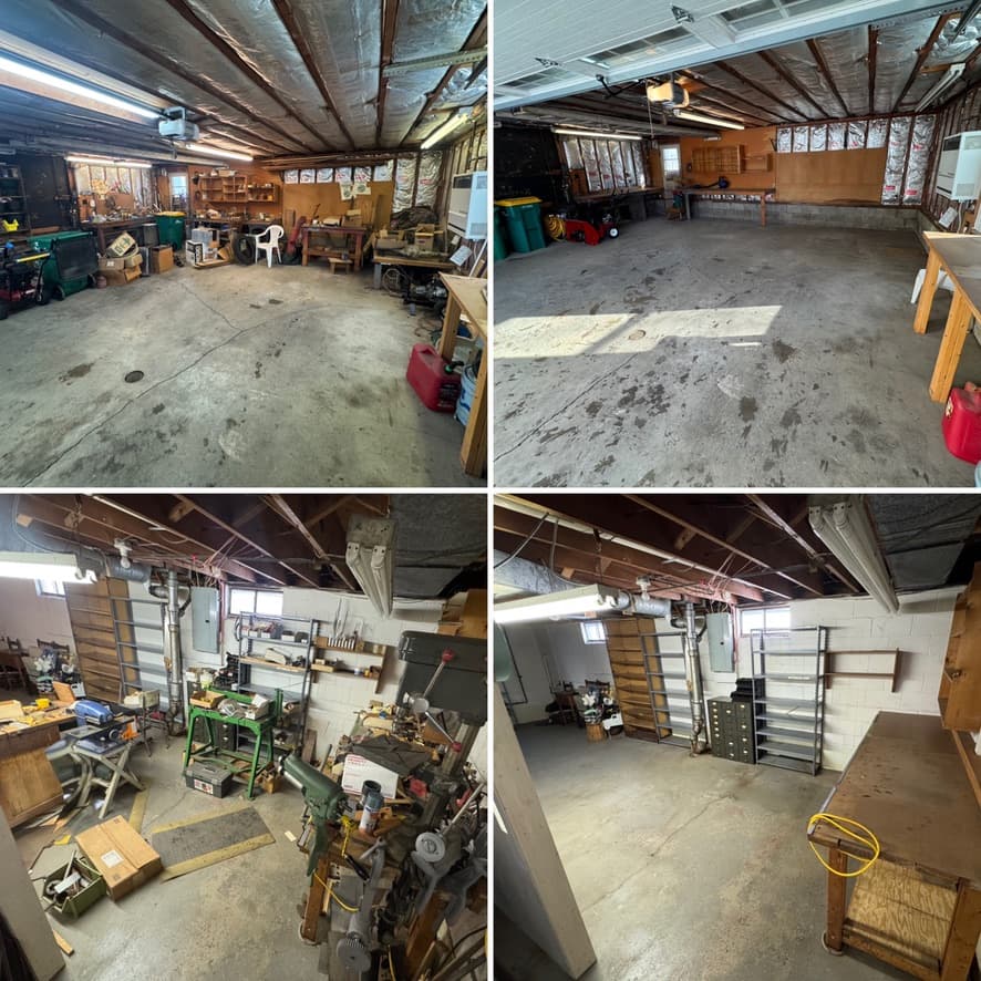 Large garage workshop before and after cleanout — fully cleared and clean