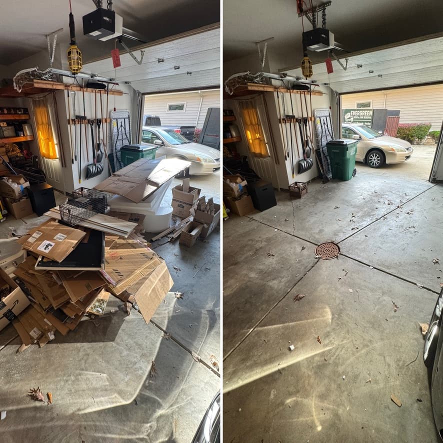 Packed garage before and after — cardboard and boxes removed, floor restored
